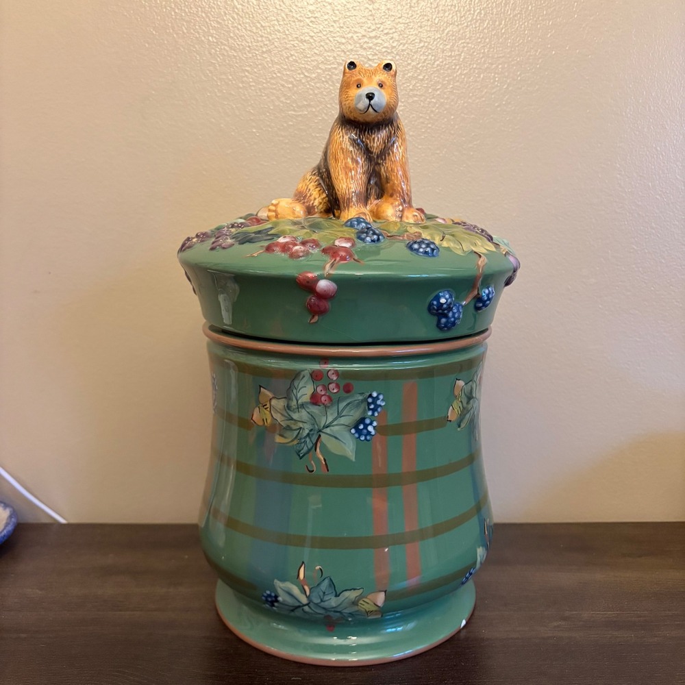 Charming Ceramic Bear Cookie Jar Vintage Berry‎ Vine Design Kitchen Decor